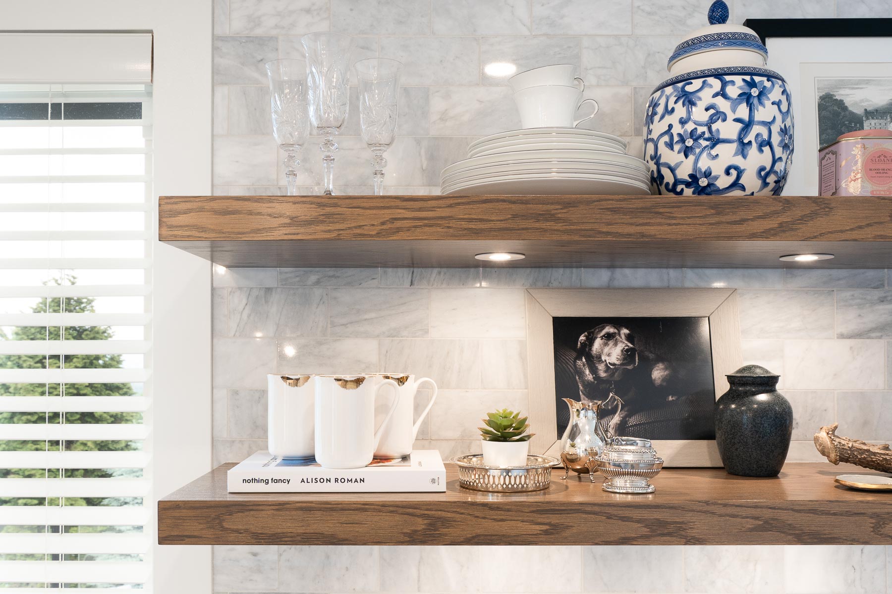 Coquitlam remodel wood open shelves with recessed lighting