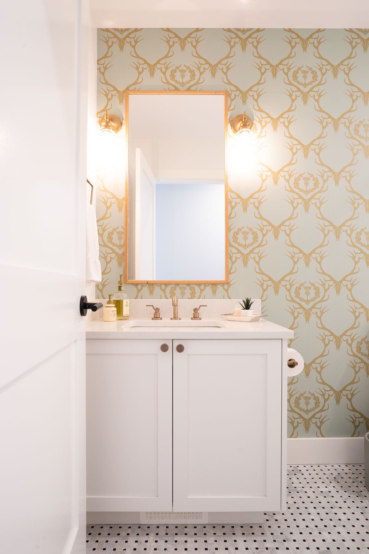 oquitlam remodel bathroom with wallpaper and feature tile floors